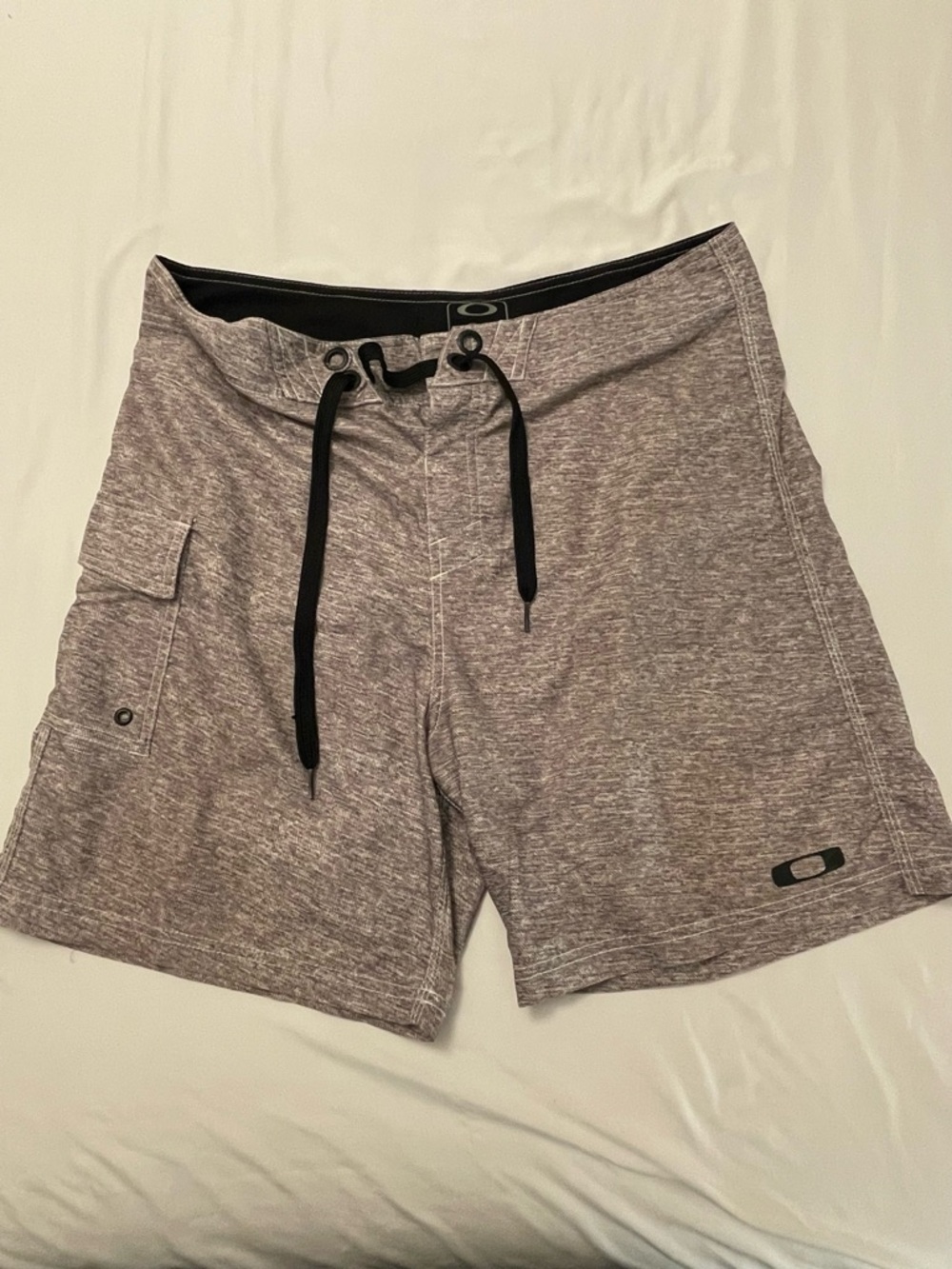 Oakley Heathered Light Gray Board Shorts with Black Drawstring